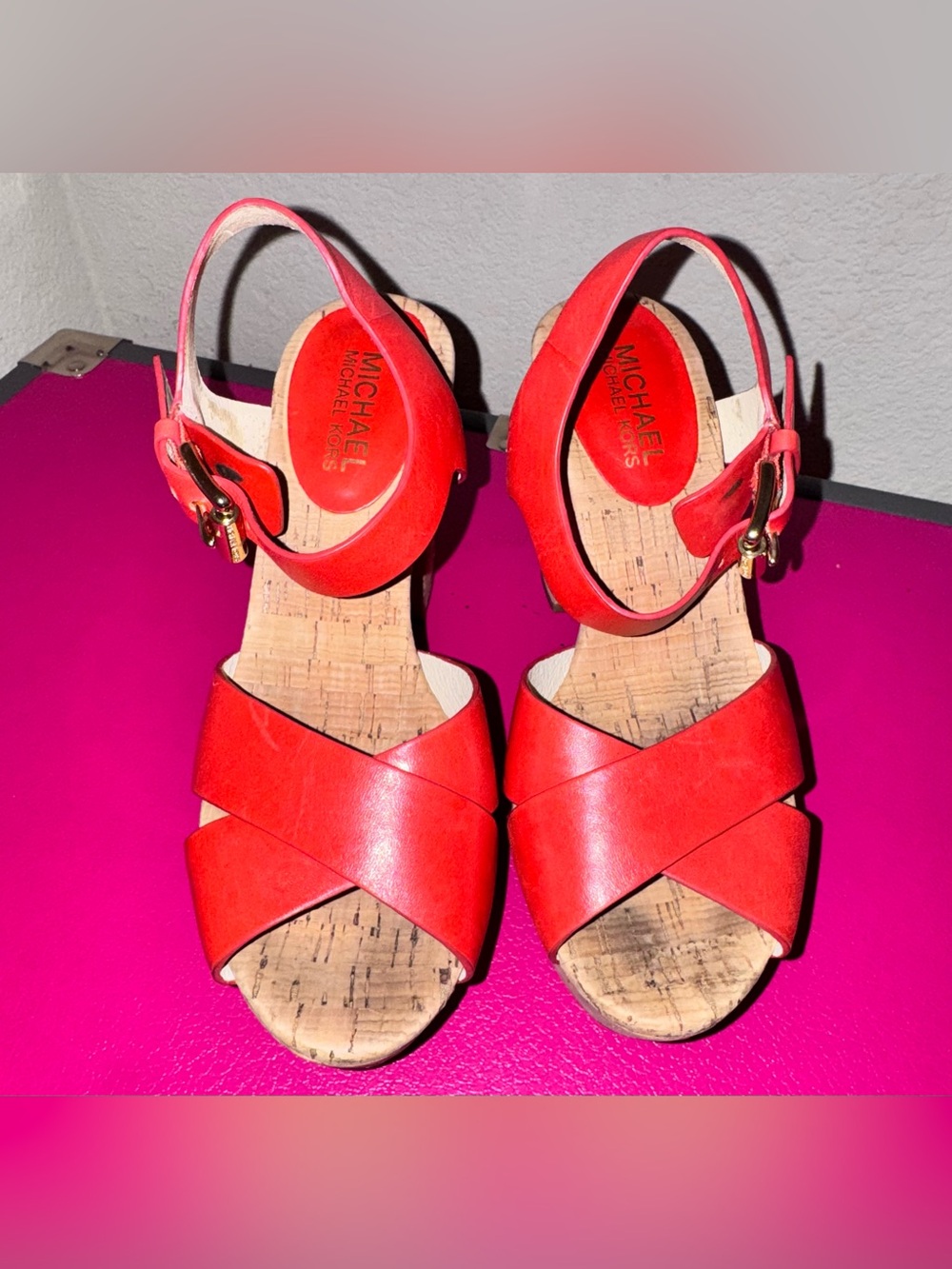 Michael Kors Leather Cork Platform Sandals with Ankle Strap